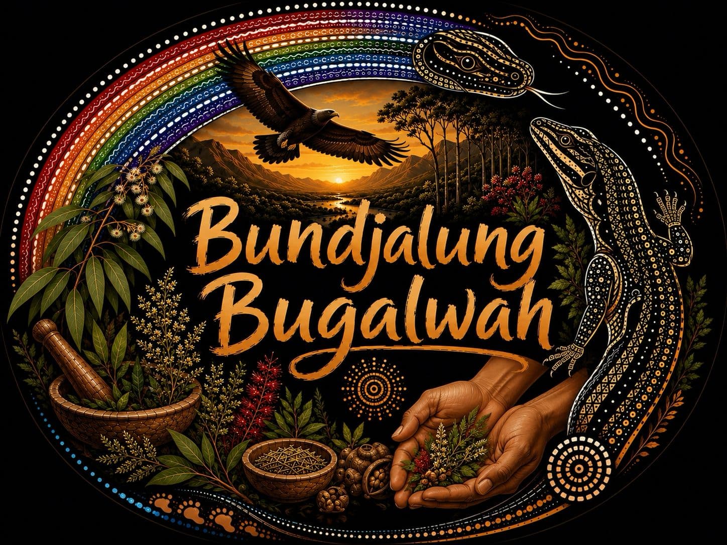 The Bundjalung Bugalwah emblem: a sunrise over ranges and river, ringed by native plants, a sea eagle, goanna and carpet snake, with hands holding bush medicine and a mortar and pestle.